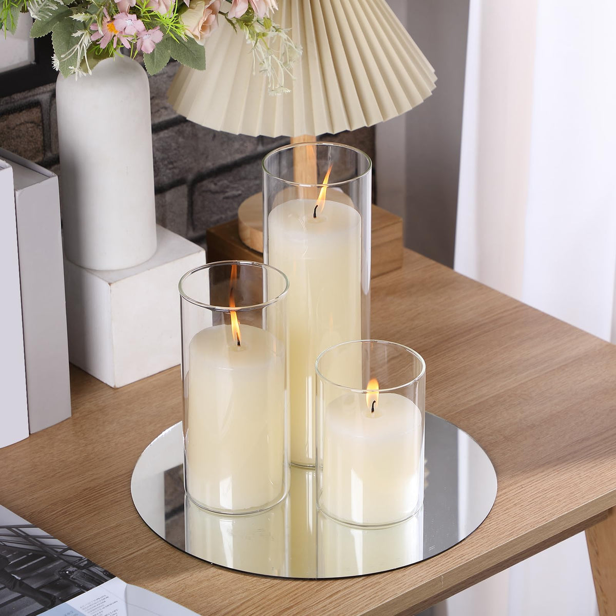 Shihanee Set of 3 Pillar Candles and 3 Glass Cylinder Candle Vases Holders Clear Pillar Jars for Wedding Centerpieces(3'' x 5.9'', 7.9'', 9.8'',Ivory White)