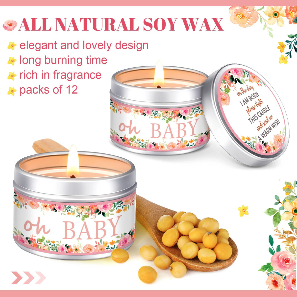 Funtery 12 Pcs Baby Shower Party Favors for Guests Baby Shower Candles Lavender Scented Candle Rustic Tealights Candles Gender Reveal Return Gifts(Floral)
