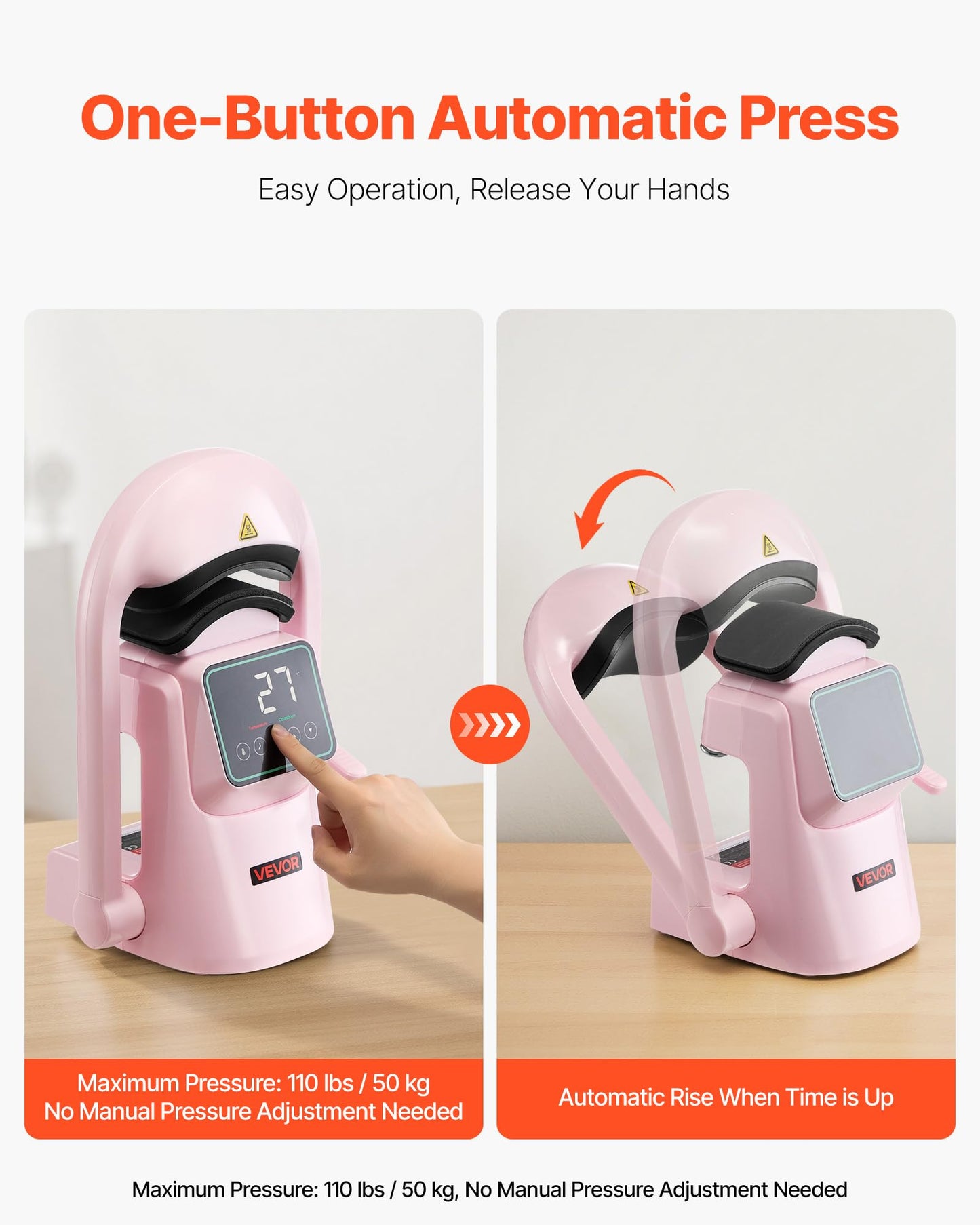 VEVOR Auto Hat Heat Press Machine, with 2pcs Interchangeable Platens, Automatic Open and Release, Touchscreen for Precise Time and Temperature Control, Heat Transfer Printing for Caps, Hats, Pink