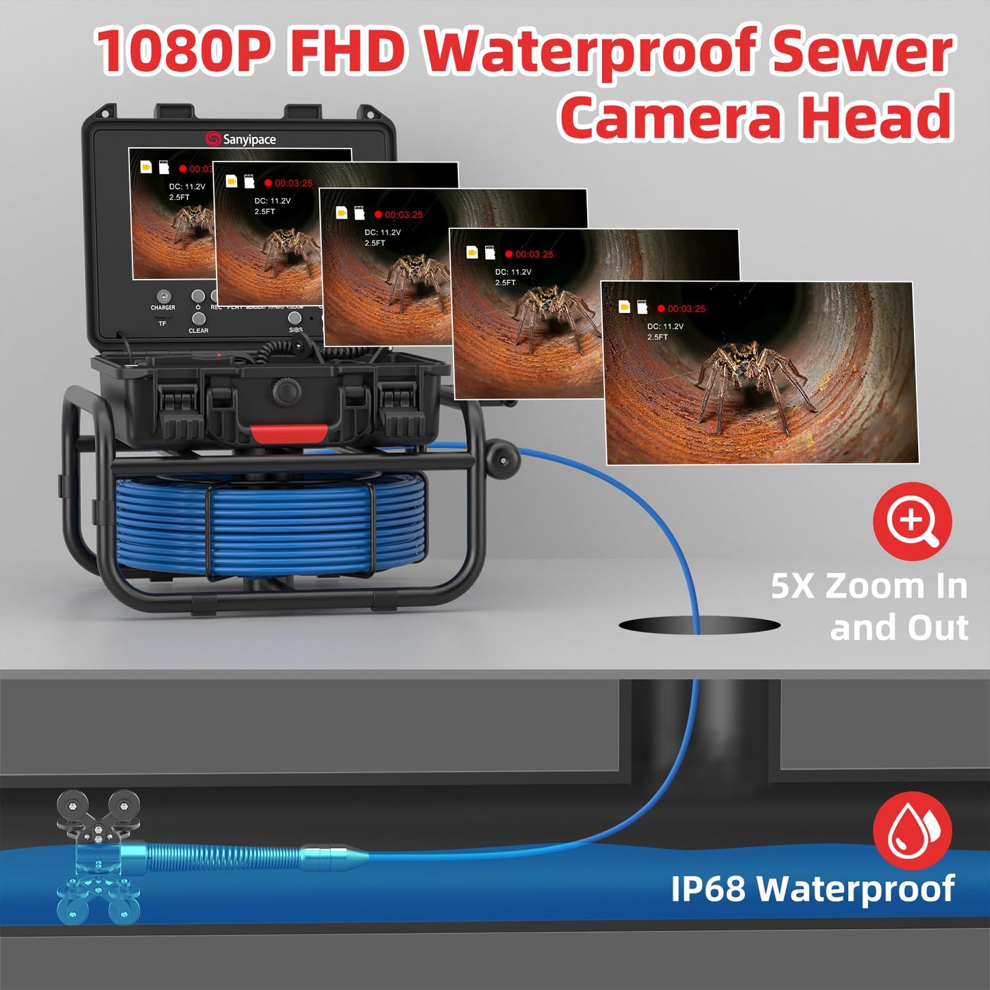 Sanyipace Pipe Camera with Locator, 512Hz Sewer Camera with Self-Leveling, 23mm/0.9in Drain Camera with Distance Counter, 5X Zoom, Waterproof Plumbing Inspection Camera with 12 PCS Lights, 66FT/20M
