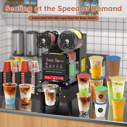 BriSunshine Cup Sealing Machine, Full Automatic Cup Sealer, 88/89/90/95 mm Electric Boba Machine, 600 Cups/H, Plastic & Paper Cups for Bubble Boba Tea Coffee Juice (Sealing Film Excluded)