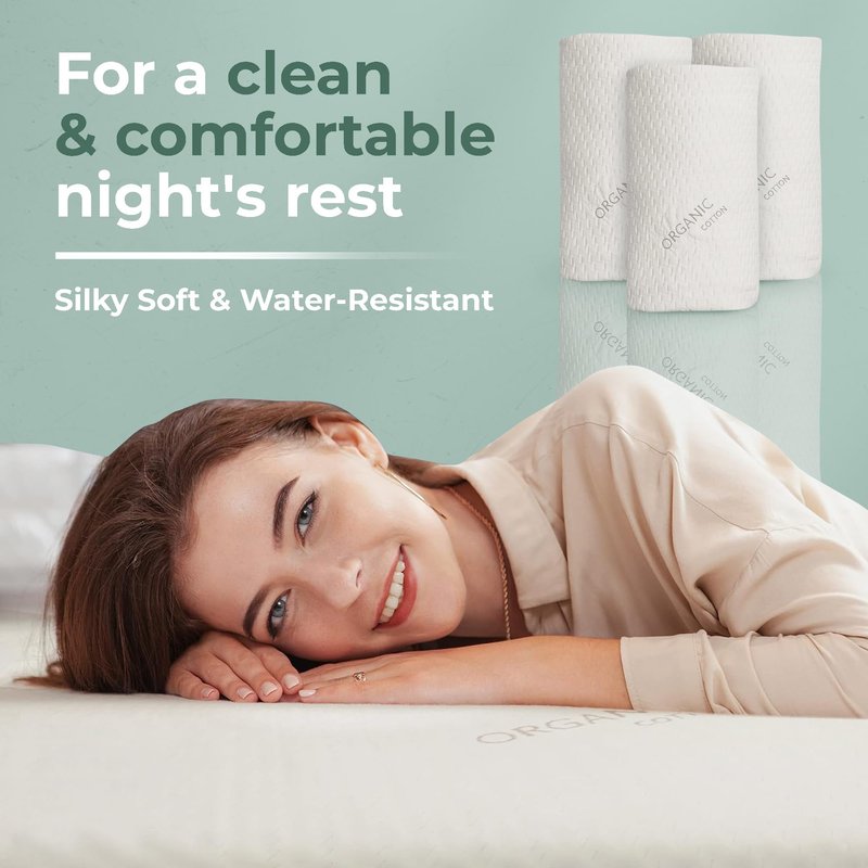 Memory Foam Mattress Protector – Organic Cotton with Eco-Friendly Greenshield Water Resistance – Kool-Flow Breathable Stretch Fabric – All USA Made – Best for Plush Beds – Queen