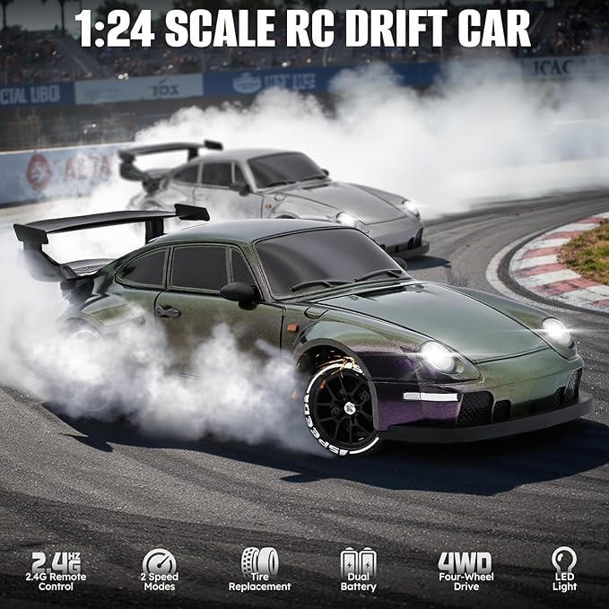 RC Drift Car1:24 Scale Remote Control Car 2.4GHz 20KM/H 4WD High Speed RC Cars for Kids with LED Light Two BatteriesDrifting TiresRacing Vehicle Toy for Adults Boys Girls Purple