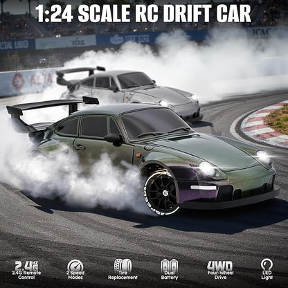 RC Drift Car1:24 Scale Remote Control Car 2.4GHz 20KM/H 4WD High Speed RC Cars for Kids with LED Light Two BatteriesDrifting TiresRacing Vehicle Toy for Adults Boys Girls Purple