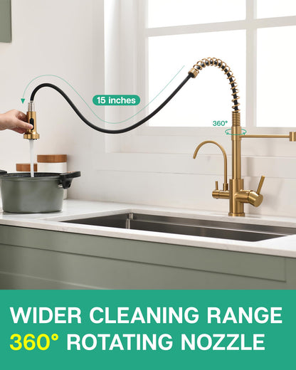 GIMILI 3 in 1 Kitchen Faucet with Pull Down Sprayer Brushed Gold Two Handle Kitchen Sink Faucet with Under Sink Water Filter System Reduces PFAS, PFOA/PFOS, Lead, Chlorine, Bad Taste & Odor