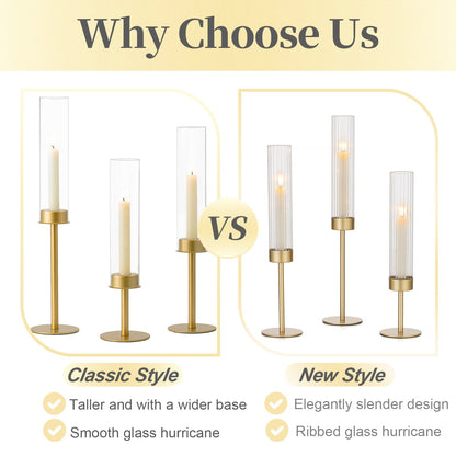 Hewory Gold Candle Holders, 12Pcs Brass Hurricane Candlestick Holders with Glass Candle Cover for Wedding Table Centerpiece Christmas Decor
