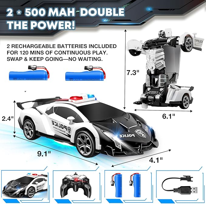 Transforming Remote Control Car Transform Robot Toys for Boys 3-8 Years Old Rechargeable RC Police Car with Lights 2.4Ghz Deformation 360° Rotating Race Kids Toys Easter Gifts