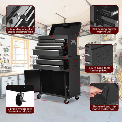 Towallmark 8-Drawer Rolling Tool Chest, 2-in-1 High Capacity Removable Cabinet Storage Tool Box with Wheels and Drawers, Detachable Toolbox with Lock for Workshop Mechanics Garage (Black)