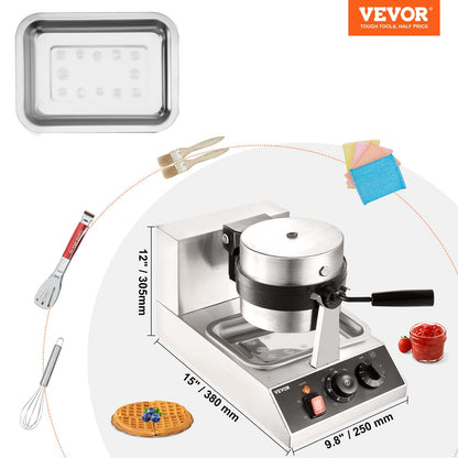 VEVOR Commercial Waffle Maker, 1300W Round Waffle Iron, Non-Stick Rotatable Waffle Baker Machine With 122-572℉ Temp Range and Time Control, Teflon-Coated Baking Pan Stainless Steel Body 110V