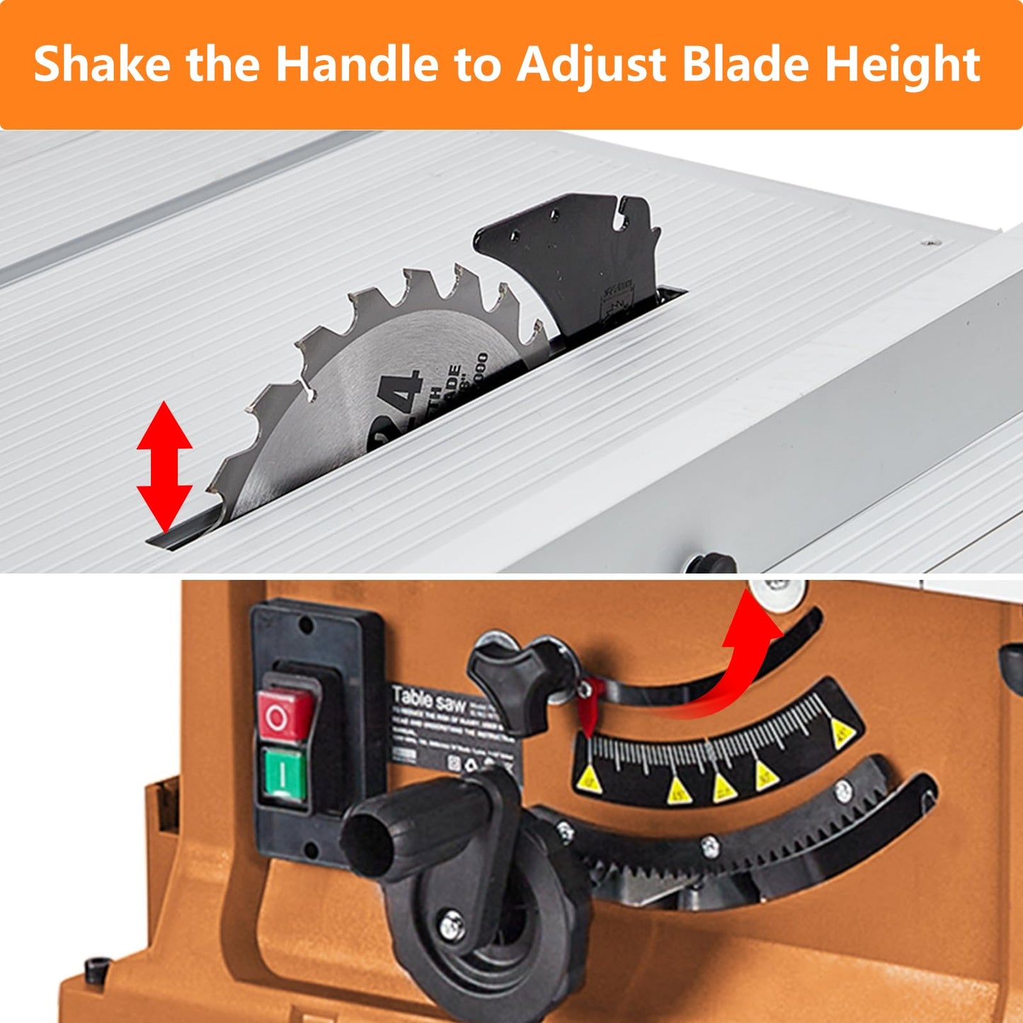 Table Saw, 10 Inch 15A Multifunctional Saw With Stand & Push Stick, 90° Cross Cut & 0-45° Bevel Cut, 5000RPM, Adjustable Blade Height for Woodworking, Orange