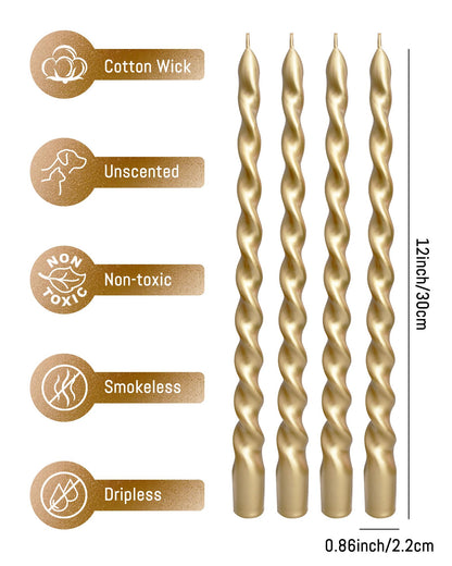 Viyffo Spiral Taper Candles 12 Inch – 4 Pack Gold, Dripless, Unscented, Smokeless – 9 Hour Burn – Tall Candlesticks for Wedding, Dinner, Holiday, Party, Home Decor