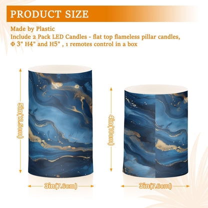 LFICRTAN Blue and Gold Marble Flameless Candles Battery Operated Color Changing LED Candles with Remote Control Timer Outdoor Indoor 2 Pack