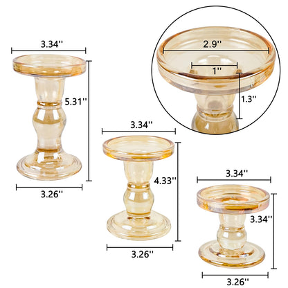 DreamsEden Amber Glass Candle Holder, Set of 3 Crystal Clear Candlestick Stand for Pillar Taper Tealight Candle, 3 Pcs Elegant Candelabra Table Centerpiece Home Living Room Wedding Dinner Party Decor
