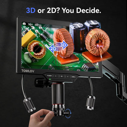 TOMLOV 3D Digital Microscope for Soldering: Magnetic Dual Lens Micro Scope TM3K-3D for Adult, Coin Microscope with Flex Arm, 3K 7-Inch IPS Screen, HDMI/USB Output, Gooseneck Light, Repair Mat, 16GB