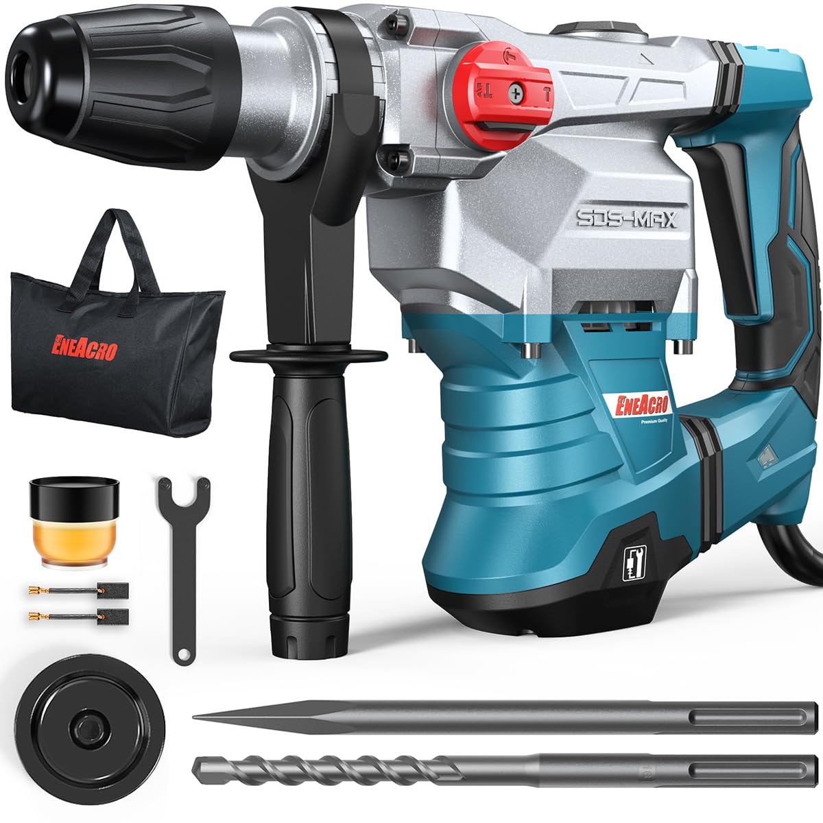 ENEACRO SDS-Max Heavy-Duty Rotary Hammer Drill 9 Ft.lbs, 3 Functions with Safety Clutch & Vibration Control 1-9/16" Drilling Capacity in Concrete– Includes Chisel, Drill Bit, and Tool Bag