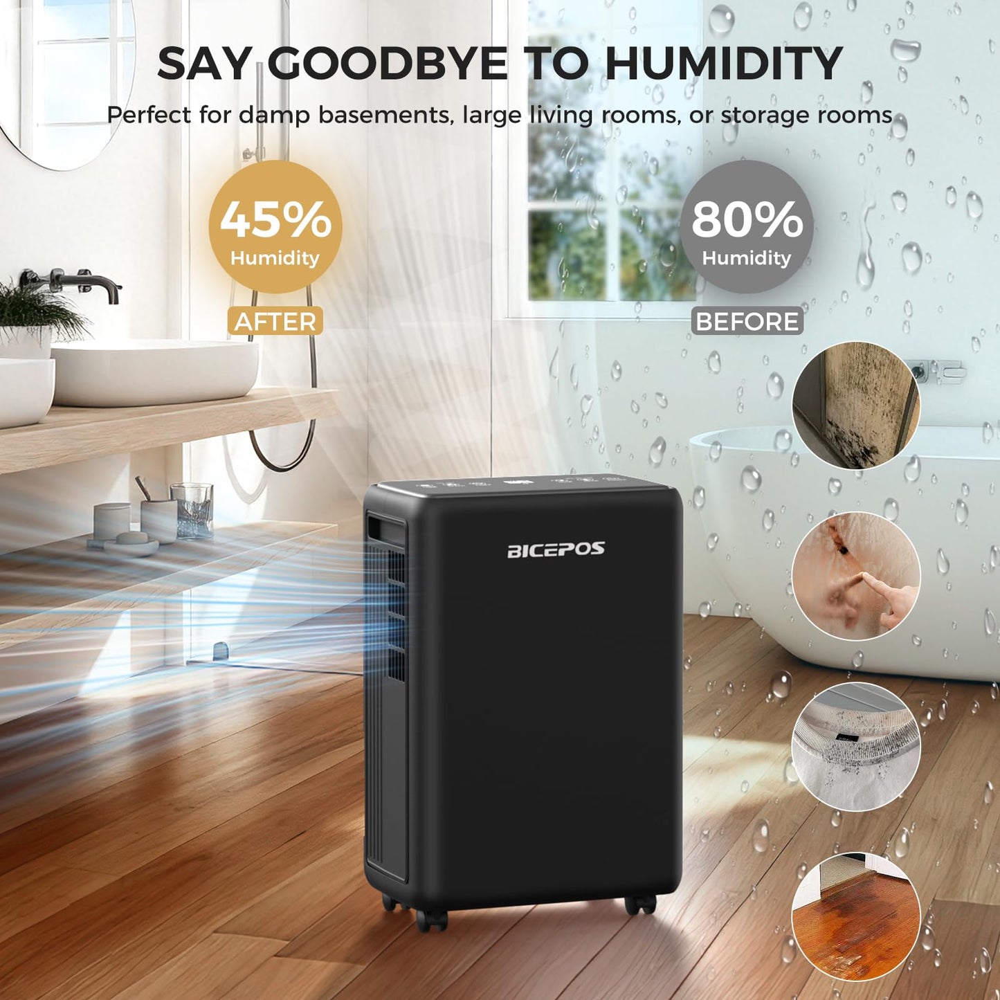 Bicepos 2000 Sq.Ft Dehumidifier for Basement, 30 Pints Dehumidifiers for Home with Drain Hose, 3 Mode, Auto Defrost, Intelligent Humidity Control for Bathroom, Bedroom, Large Room, Laundry, RV, Office
