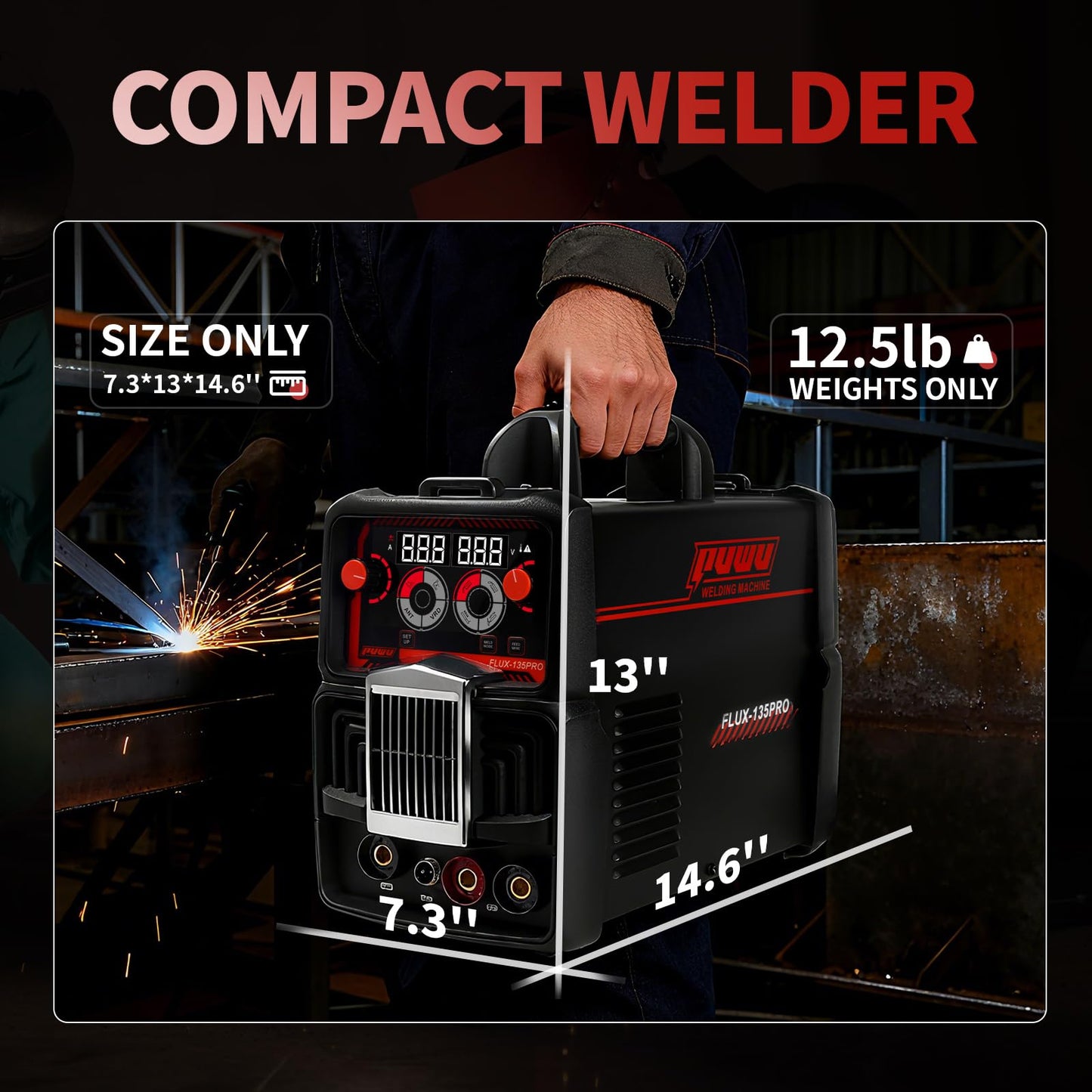 PUWU 135Amp 110V MIG Welder,Flux Core MIG/Lift TIG/Stick 3-in-1 Multiprocess Welder,IGBT Inverter Large LED Digital Display Welding Machine(BLACK)