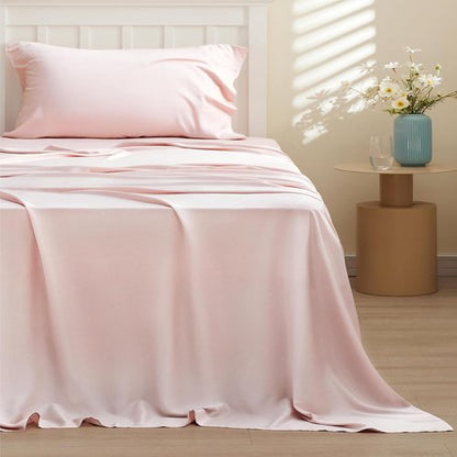 Bedsure Cooling Twin Sheets - Breathable Rayon from Bamboo | Soft & Silky Hotel Luxury Bedding in Pink, Deep Pocket Up to 16 Inches