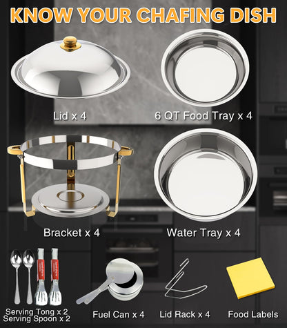 Chafing Dishes for Buffet 4 Pack, 6QT Round Chafing Dish Buffet Set Stainless Steel Buffet Food Warmers Set for Catering Events Party Dinner with Complete Set, Gold and Silver Chafing Dishes for Party