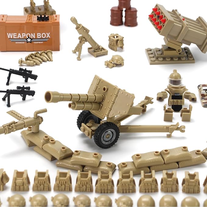 Military Weapons Pack with Shipping Cargo Container Army Equipment Helmet Armor 325Pcs Various of Military Accessories Building Block Toy Compatible with Major Brands Soldier Figures (Desert Tan)