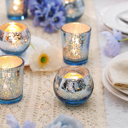 LETINE 36pcs Blue Votive Candle Holders - Elegant Mercury Glass Tea Light Candle Holder Set for Spring Summer Weddings, Holiday Season Decorations, Valentine's Day Table Centerpieces
