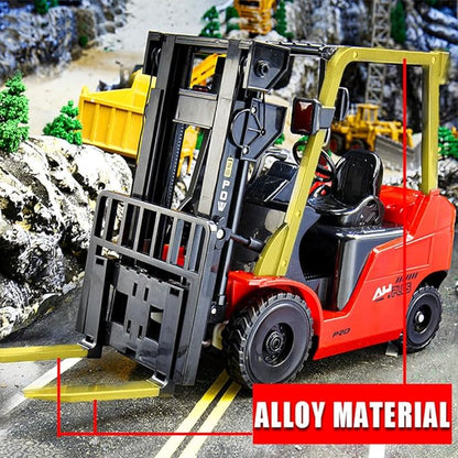 RC Forklift 11 Channel Red Remote Control Forklift 1/8 2.4G Fully Functional Construction Vehicle with Metal Carrier Slab with Lights Sound Warehouse Engineering Truck Heavy Equipment