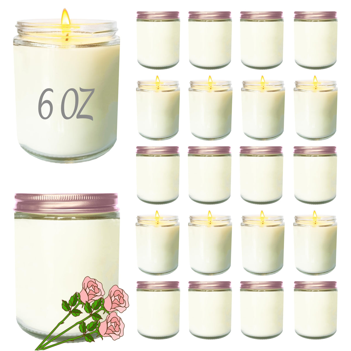 Veiuwa 24 Pcs 6 Oz Rose Scented Soy Candles Set,Mason jar Bulk Candles for Gifts,Aromatherapy Candle,Great Stress Relieving Scented Candle for Girls as a Gift for Birthdays, Weddings and More!