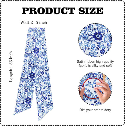 Skiennix Wreath Sash - Blue Floral Chinoiserie Decor | 55x5 Inch Ribbon for Indoor/Outdoor Use