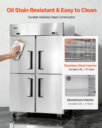 VEVOR Commercial Refrigerator and Freezer Combo 48" W, 31 Cu.Ft Stainless Steel Upright Freezer/Refrigerator with 4 Doors, Auto-Defrost, 6 Adjustable Shelves, UL Certified