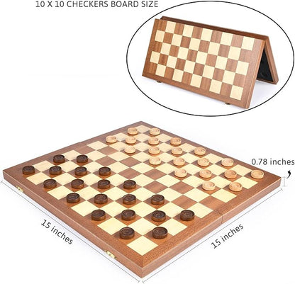 VAMSLOVE 15inch Checkers Folding Wooden Game Set 100 Square Checkerboard International Checkers Draughts Board 10x10 for Kids with Pieces Storage Slots (Instructions Included)