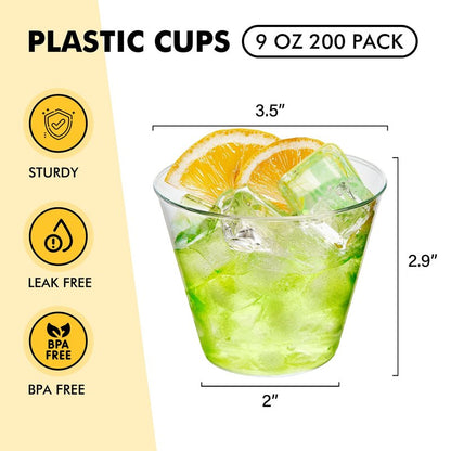 RACETOP 200 Pack 9 oz Clear Plastic Cups for Party, Disposable Clear Cup, Disposable Cups, Wine Glasses Cups, Plastic Cocktail Glasses