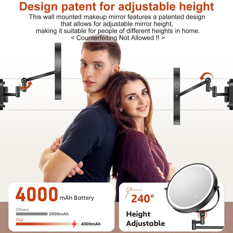 ZLOKLA 9" Wall Mounted Lighted Makeup Mirror,4000mAh Rechargeable Double Sided 1X/20X Magnifying Mirror with Light,Touch Dimmable,Extended Arm 360 Rotation Wall Mounted Makeup Mirror 3 Color Lights-B