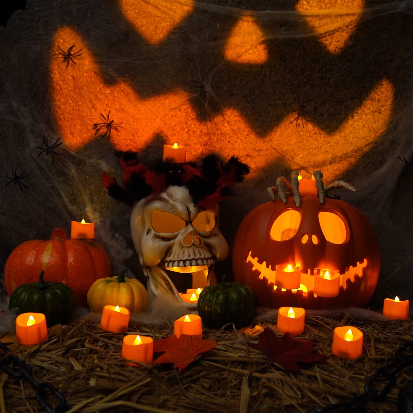 Homemory Halloween 24 Pack Orange Tea Light Candles, Battery Operated LED Tealights, Small Pumpkins Lights, Flameless, Electric Fake Tea Candles for Fall, Diwali Decorations