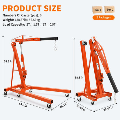 2-Ton Folding Engine Hoist Cherry Picker 4400 Lb Capacity Hydraulic Shop Crane with Telescoping Boom 6 Caster Wheels for Automotive Repair Garage Use Includes Hitch and Storage Stand Orange