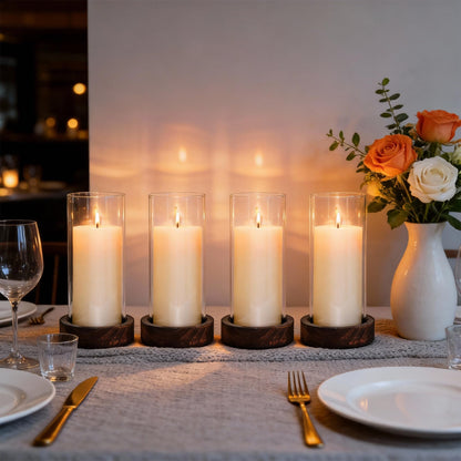 Ronasip Set of 4 Hurricane Candle Holders - 4.6x7.8 Inch Rustic Wooden Base with Glass Cylinder, Brown Pillar Candle Holders for Wedding Centerpieces, Home Decor, Table & Mantel Decorations