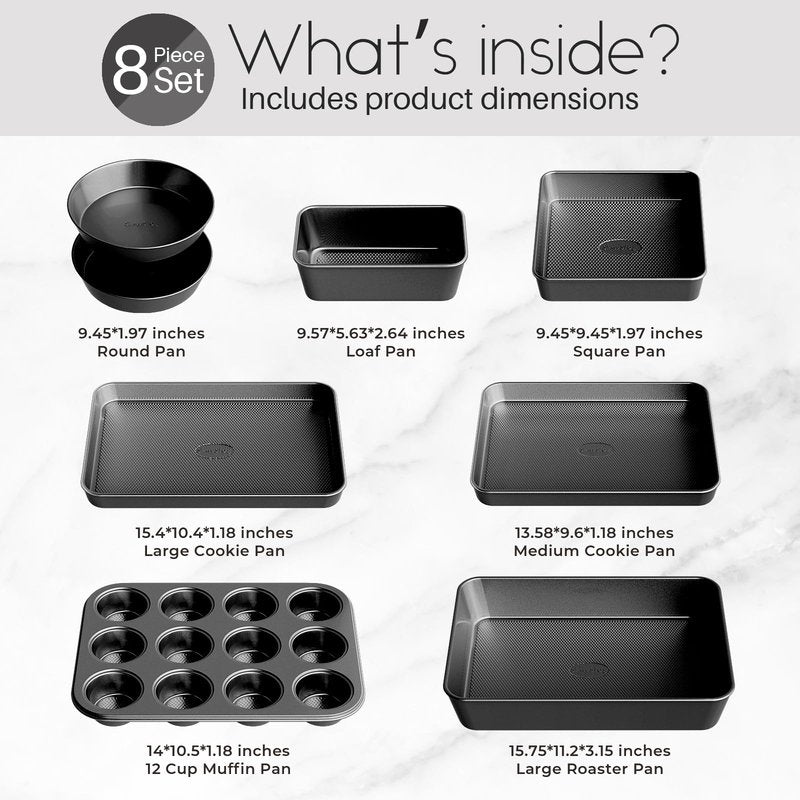 Slow Slog Nonstick Baking Pans Set, 8-Piece Stackable Bakeware Sets, Non-Toxic Oven Pan Set, Includes Baking Sheet, Cake Pan, Muffin Pan, Loaf Pan, Square Pan, Cookie Sheet & Roasting Pan, Black