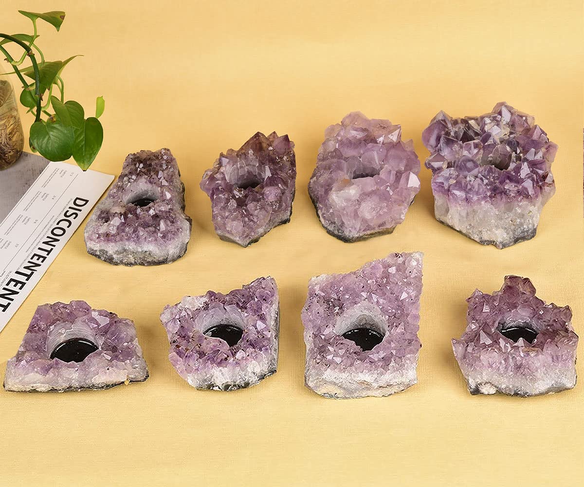 JIC Gem Natural Purple Amethyst Crystal Candle Holder Tealight Stand Home Decoration 4.5 Inch