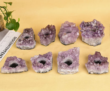 JIC Gem Natural Purple Amethyst Crystal Candle Holder Tealight Stand Home Decoration 4.5 Inch