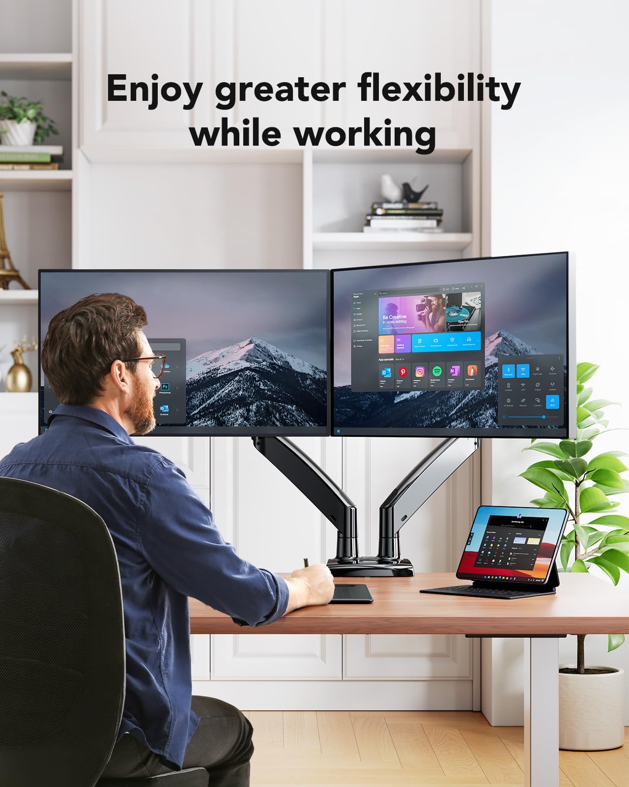 HUANUO Dual Monitor Stand for 13 to 40 inch, Premium Dual Monitor Mount with USB, Height Adjustable Monitor Stand for 2 Monitors, VESA Mount with Clamp/Grommet Base, Each Arm Hold up to 26.4lbs, HNDS7