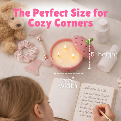 Lily Ladue Strawberry Candle - 5x5.5 3 Wick Scented Candles, 100% Soy Wax, Long Burning Highly Scented Fruity Aromatherapy, Berry Fresh Cute Whimsical Pink Room Decor, Small Strawberry Gifts for Home