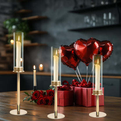 QTRQTR 3 PCS Gold Hurricane Candle Holders Fluted Glass Candlestick Holder