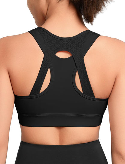 Yvette High Impact Sports Bras for Women Front Zip Supportive Running Bras for Large Bust Plus Size, Black, M