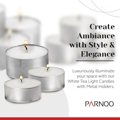 Tea Light Candles in Metal Cups - 6 Hours Clean, Long Burning White Unscented Tea 250 Votive Candles Bulk for Romantic Dinner, Wedding, Spa & Hotels by PARNOO