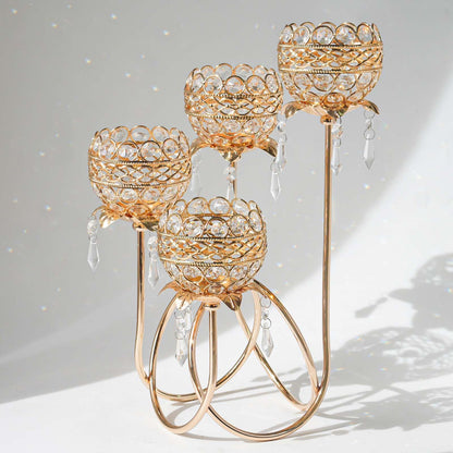 4 Arms Crystal Candelabra Tealight Holder - Tall 15.7 Inch Elegant Centerpiece with Crystal Pendant Bowls & Artistic Metal Stand for Wedding, Dining Table, Home Decor (1, Gold)