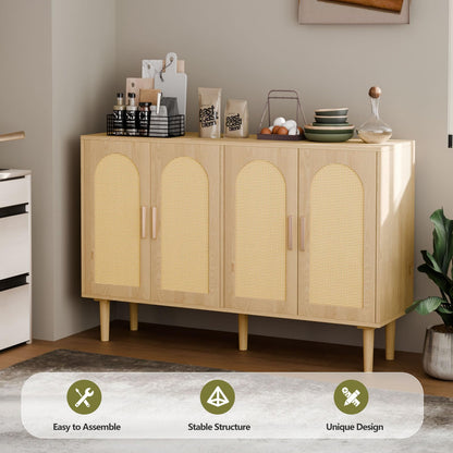 Sideboard Buffet Cabinet with Storage, Retro Rattan Storage Cabinet Kitchen Sideboard Buffet with Artistic Carved Handle for Dining Room Living Room, (Oak)