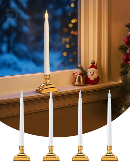 SURAIELEC 10.5'' Battery Window Taper Candles with Timer, 3000K Warm White, Flameless LED Candle for Christmas Window, Mantel, Dining Table, Gloss Gold, 4 Pack (Rechargeable Battery Not Compatible)