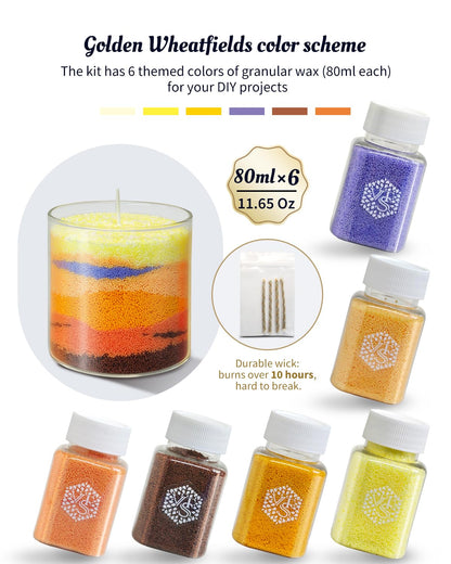 Golden Wheatfield DIY Pearled Candle Sand Set - 11 Oz Sand Wax Beads (6 Colors), 2x10ml Scented Essential Oils, 4 Reusable Wicks, Glass Cup & Spoon, Home Decor & Handmade Gift & Craft Enthusiasts
