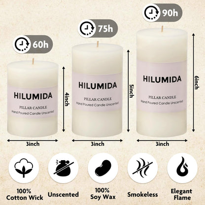White Pillar Candles Set of 3 - Hand-Poured Unscented Candles, Smokeless Decorative Candles for Home, Set of 3 in Different Sizes (4", 5", 6")