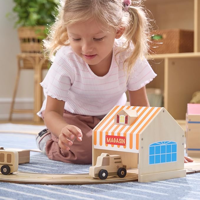 Guidecraft Community Buildings: Set of 6 Wooden Block Play Buildings (Fire Station Police Department Hospital School Grocery Store &amp Service Station)