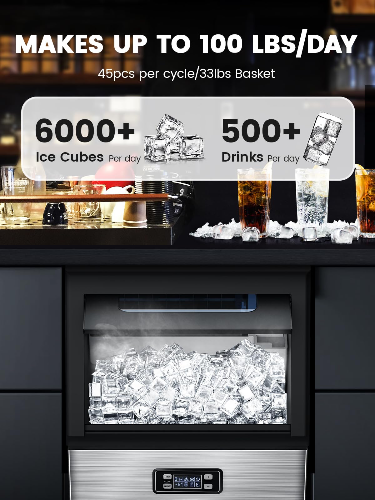 Electactic Commercial Ice Maker Machine,100lbs/24H Stainless Steel Ice Machine,33lbs Storage, Auto Self-Cleaning Freestanding Ice Maker, Ice Machine Freestanding for Bar/Cafe/Restaurant-Dark Silver